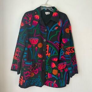 Vintage 90s JA Resorts Black Colorful Chainstitch Embroidery Chore Coat Jacket M